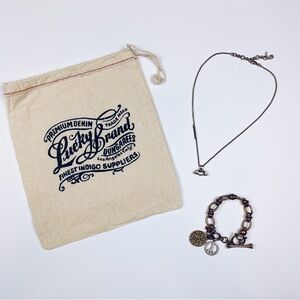 Lucky Brand Antique Gold Heart Necklace & Peace Sign Charm Bracelet Jewelry Set